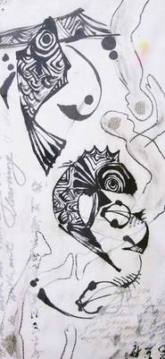 Carlo Nordloh bobparsley„White Fish and Bamboo 4“, Tusche/ Reispapier/ Collage auf Papier, 70 x 30 cm