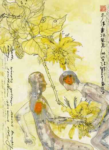 Carlo Nordloh bobparsley „Thornbirds“, Mixed Media auf Papier, 2005, 40 x 30 cm