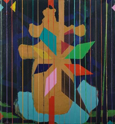 Surya Gied, “Pagodenleben“, 2007, Öl und Lack auf Leinwand, 60x60cm