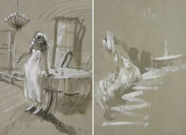 links und rechts: Matthias Hollefreund  „Trunkene Braut“ Tusche/Papier, 2005, 40 X 30 cm