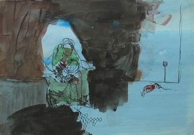 Josephine Behlke "Herz und Harlekin", Tusche,Aquarell,Acryl auf Papier-Holzglasrahmen, 30x40cm, 2006