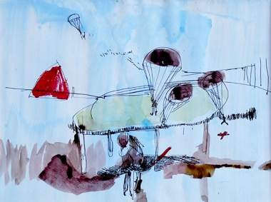 Josephine Behlke "Landmarkierung", Tusche,Aquarell,Acryl auf Papier-Holzglasrahmen, 31x42cm, 2006