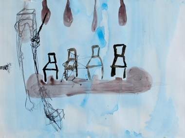 Josephine Behlke "punktuell verstrickt", Tusche,Aquarell,Acryl auf Papier-Holzglasrahmen, 31x42cm, 2006