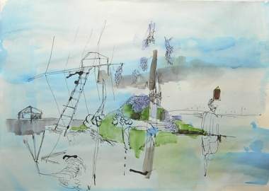 Josephine Behlke "Wasserturm" Tusche,Aquarell,Acryl auf Papier-Holzglasrahmen, 50x70cm, 2006